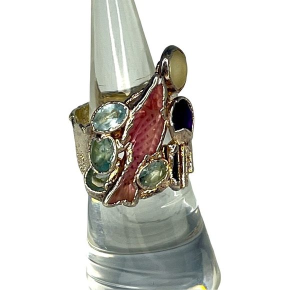 Silver Pink Tourmaline, Amethyst, Aquamarine and Moonstone Ring by C + T Size 5